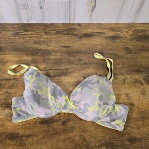 3/$15 Coco lingerie Camo Print Bra with Yellow Straps women's size 34B